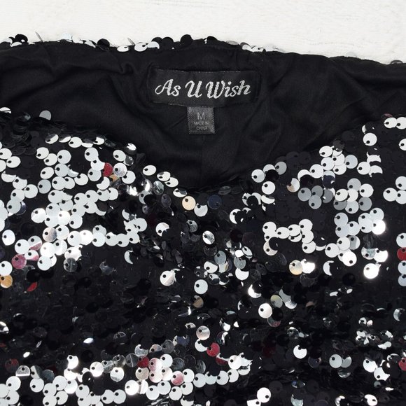 As U Wish Two Way Sequin Strapless Bodycon Evening Cocktail Dress Black Silver M - Picture 8 of 13